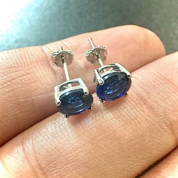 Blue Sapphire Stud Earrings for Women Sterling Silver 925 6MM Round lab-created - Picture 9 of 11